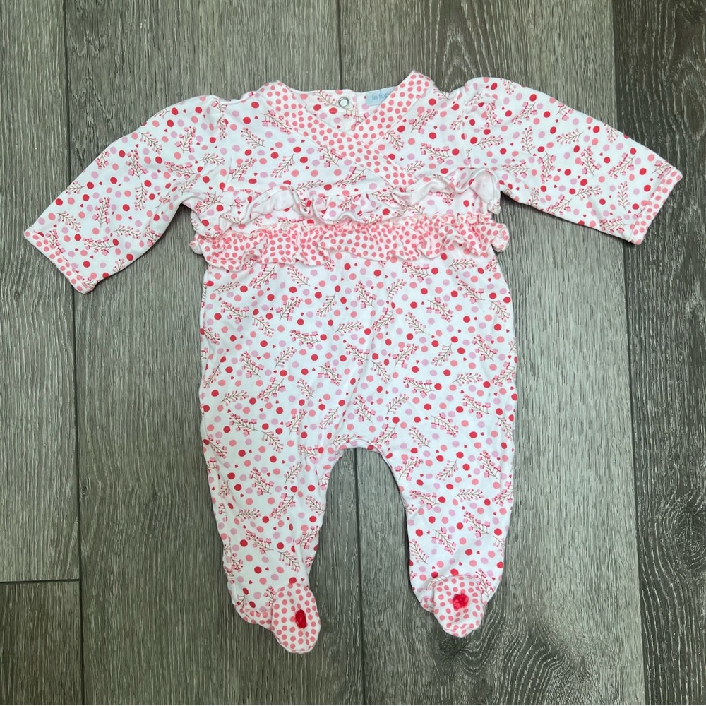 LE TOP BABY FOOTED SLEEPER WHITE PINK FLORAL DOTS 3/6MO